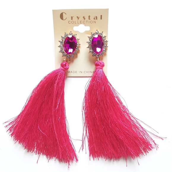 Crystal Collection Hot Pink Tassel Earrings - Picture 7 of 10